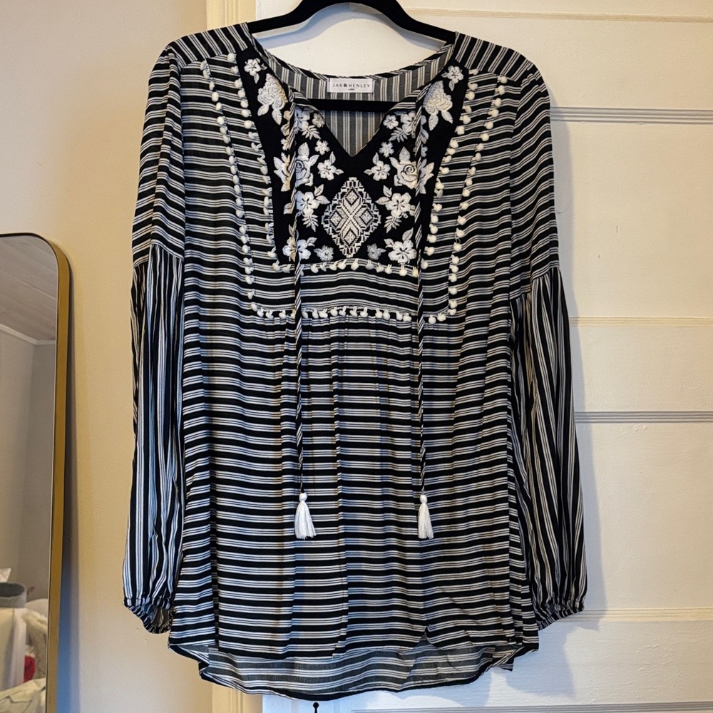 Elegant Black and White Striped Blouse with Embroidery